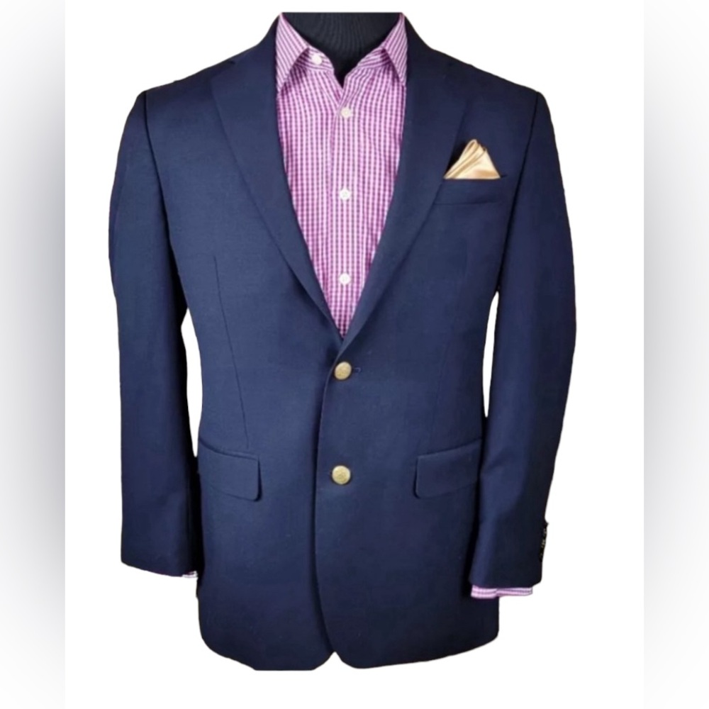 Lauren Ralph Lauren Gold Button Navy Blue Sport Coat Blazer Wool Suit Jacket Men
